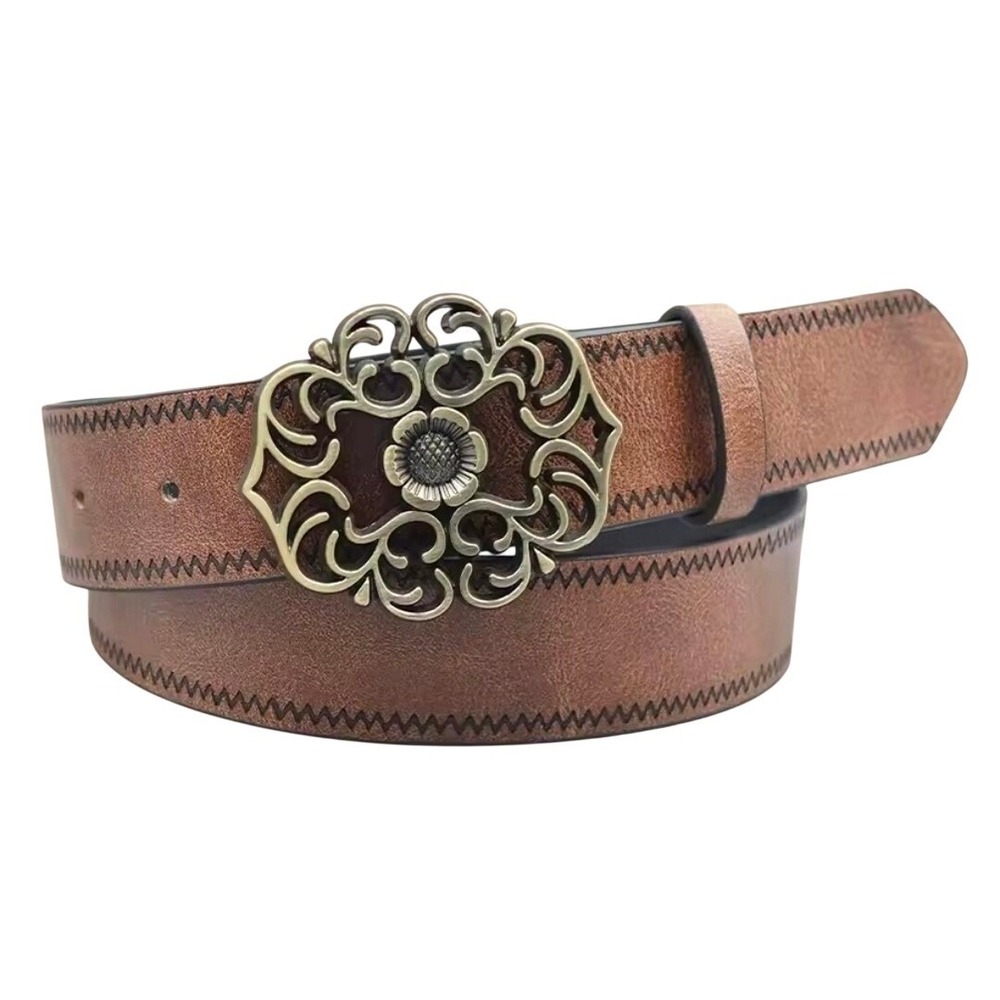 Womens Distresed Brown Western Belt Ornate Floral Filigree Buckle Zig Zag Stitch